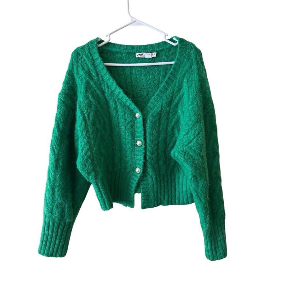 Zara Fuzzy Cropped Cardigan Green Pearl Button Knit Sweater Womens M
